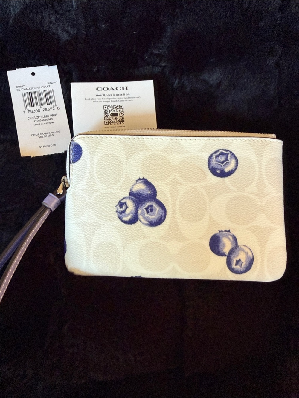 Coach Cream Wristlet with Blueberry Print and Purple Strap - Picture 2 of 3